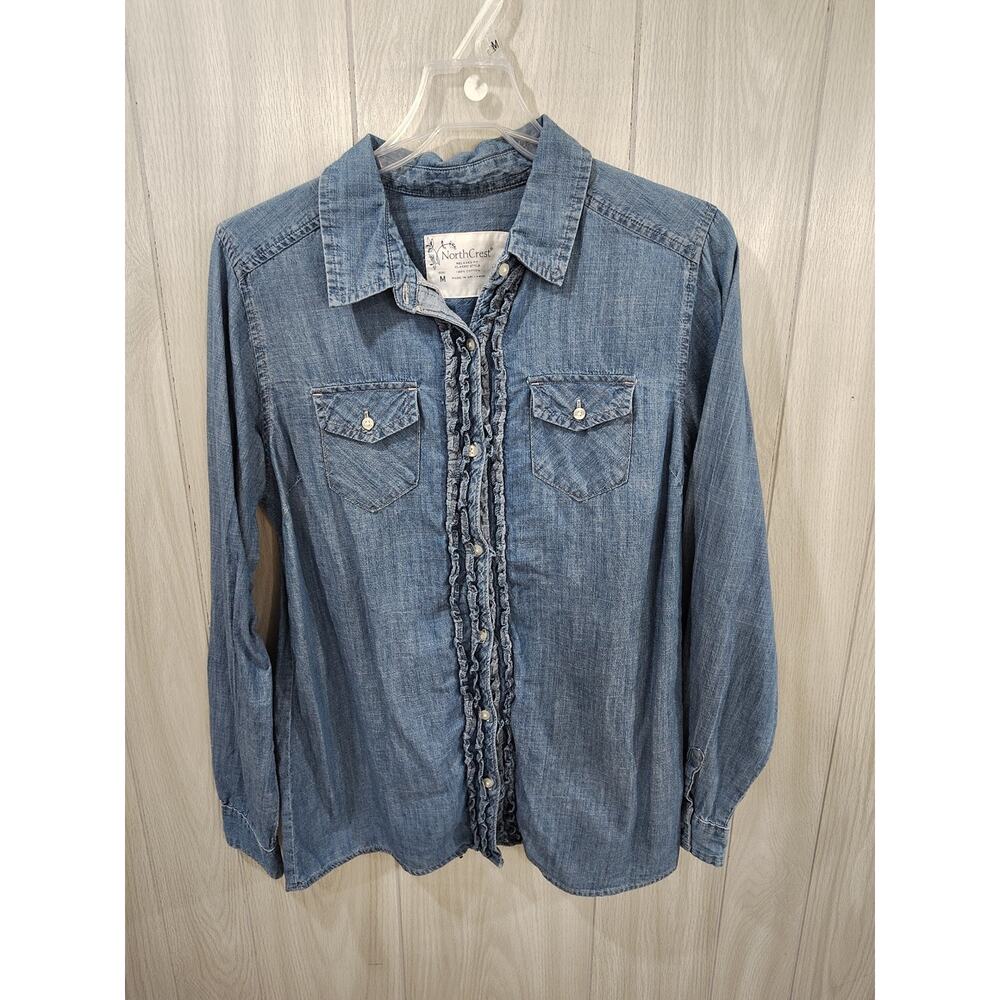 Women's Northcrest Ruffled Accent Denim Shirt Size M Western Yellowstone Ranch